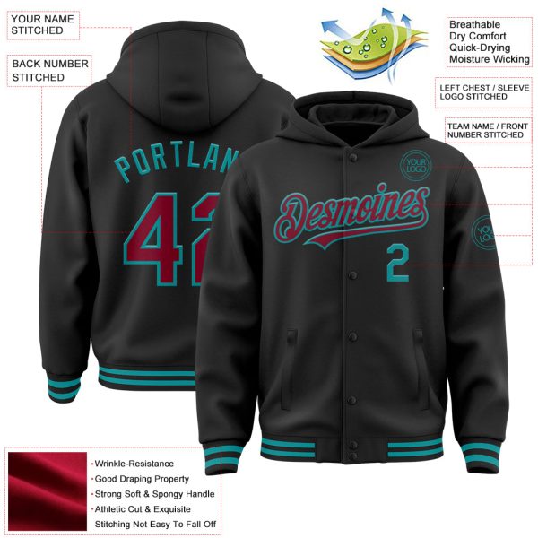 Custom Black Crimson-Teal Bomber Full-Snap Varsity Letterman Hoodie Jacket - Image 3