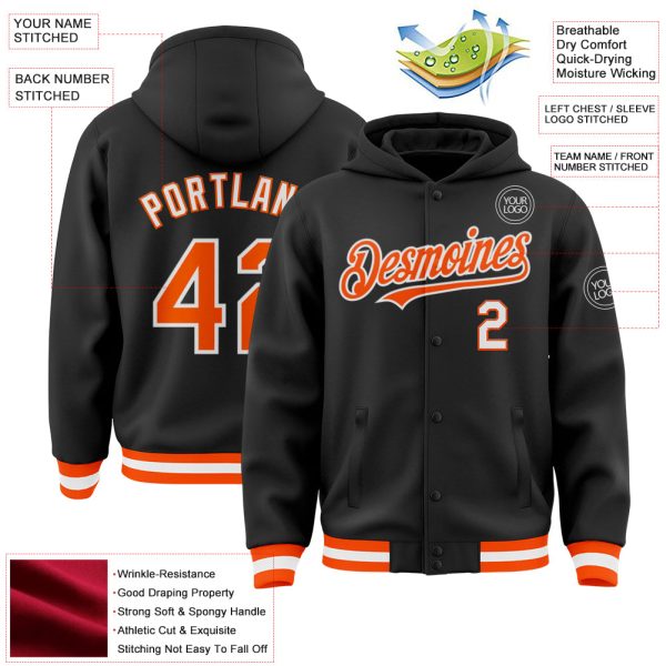 Custom Black Orange-White Bomber Full-Snap Varsity Letterman Hoodie Jacket - Image 3