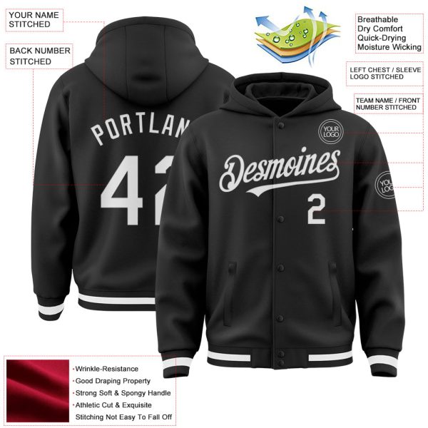 Custom Black White Bomber Full-Snap Varsity Letterman Hoodie Jacket - Image 3