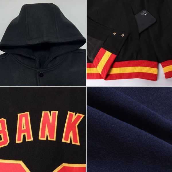 Custom Navy Gold Bomber Full-Snap Varsity Letterman Hoodie Jacket - Image 2