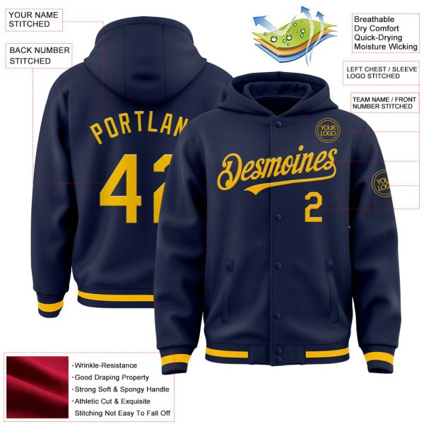 Custom Navy Gold Bomber Full-Snap Varsity Letterman Hoodie Jacket - Image 3