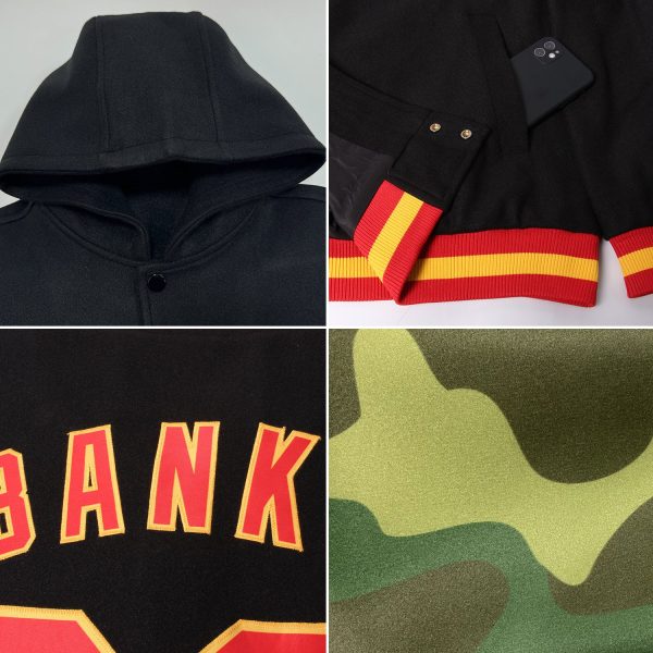 Custom Camo Black-Cream 3D Bomber Full-Snap Varsity Letterman Salute To Service Hoodie Jacket - Image 2