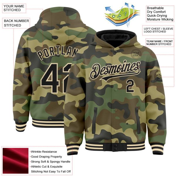 Custom Camo Black-Cream 3D Bomber Full-Snap Varsity Letterman Salute To Service Hoodie Jacket - Image 3