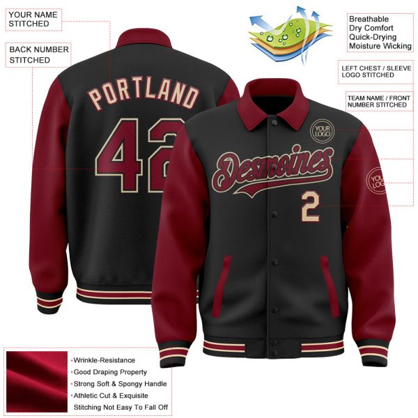 Custom Black Crimson-City Cream Bomber Full-Snap Varsity Letterman Two Tone Lapel Collar Byron Jacket - Image 3