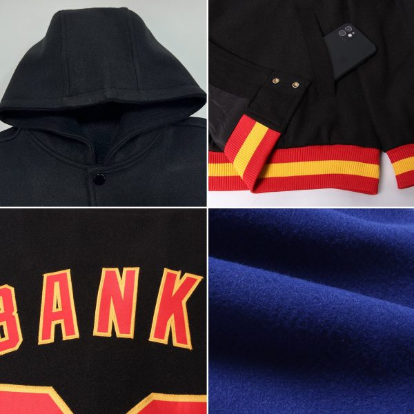 Custom Royal Vintage USA Flag Black-Cream Bomber Full-Snap Varsity Letterman Two Tone Hoodie Jacket - Image 2