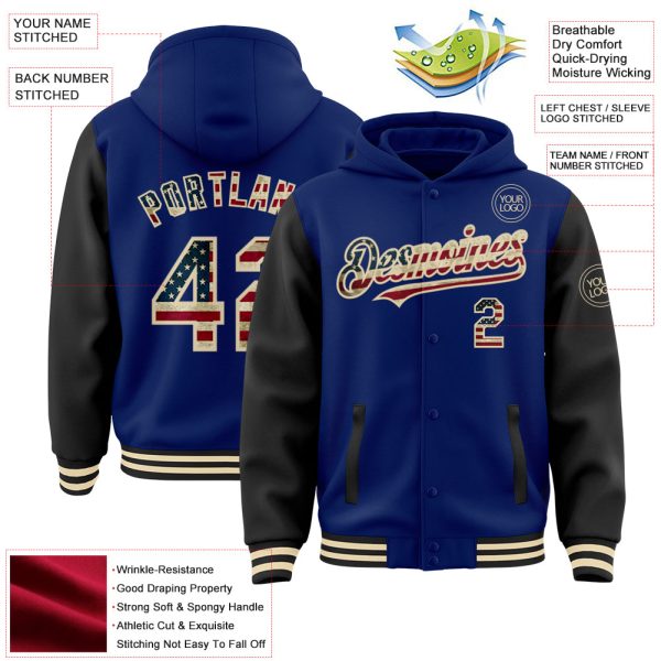 Custom Royal Vintage USA Flag Black-Cream Bomber Full-Snap Varsity Letterman Two Tone Hoodie Jacket - Image 3