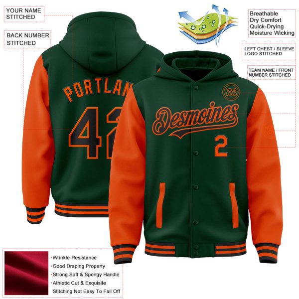 Custom Green Orange-Cream Bomber Full-Snap Varsity Letterman Two Tone Hoodie Jacket - Image 3