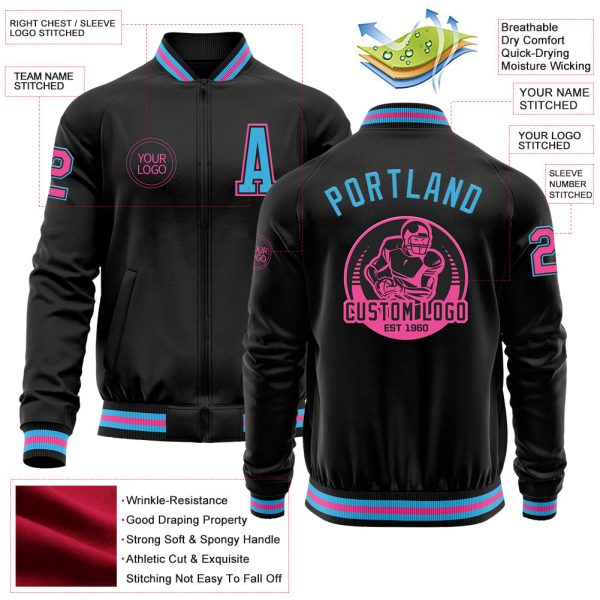 Custom Black Sky Blue-Pink Bomber Varsity Letterman Zipper Jacket - Image 3