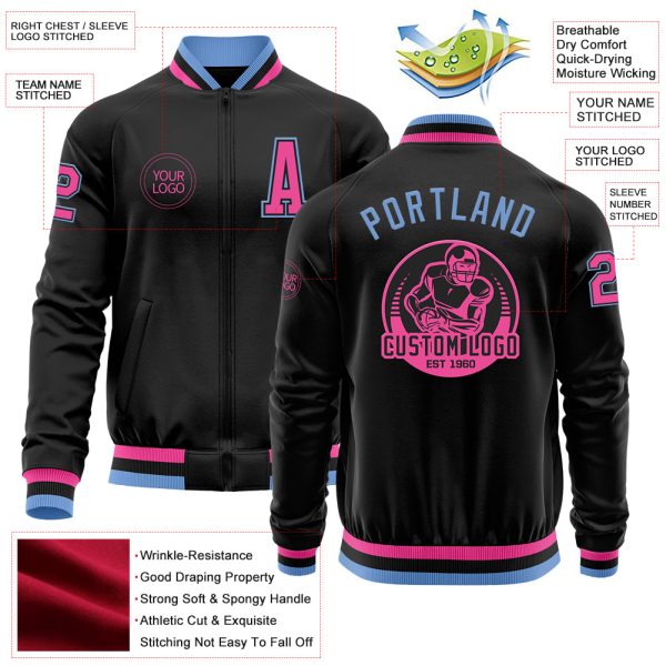 Custom Black Pink-Light Blue Bomber Varsity Letterman Zipper Jacket - Image 3
