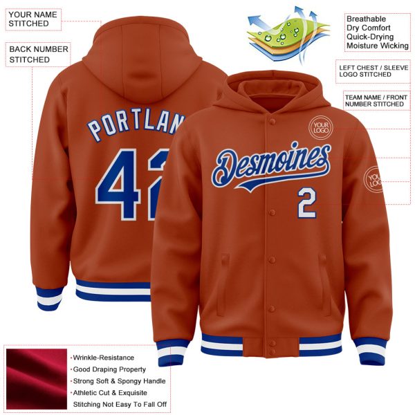Custom Texas Orange Royal-White Bomber Full-Snap Varsity Letterman Hoodie Jacket - Image 3