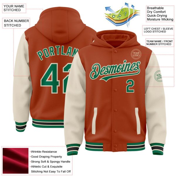 Custom Texas Orange Kelly Green-Cream Bomber Full-Snap Varsity Letterman Two Tone Hoodie Jacket - Image 3