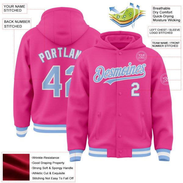 Custom Pink Light Blue-White Bomber Full-Snap Varsity Letterman Hoodie Jacket - Image 3