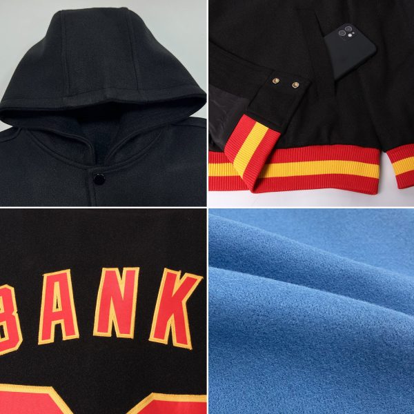 Custom Light Blue Red-Black Bomber Full-Snap Varsity Letterman Hoodie Jacket - Image 2