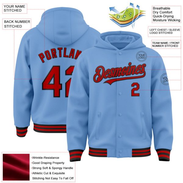Custom Light Blue Red-Black Bomber Full-Snap Varsity Letterman Hoodie Jacket - Image 3