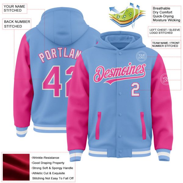 Custom Light Blue Pink-White Bomber Full-Snap Varsity Letterman Two Tone Hoodie Jacket - Image 3