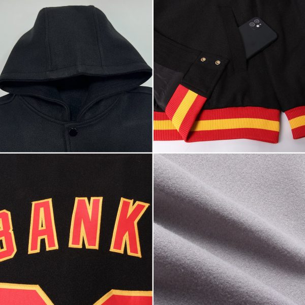 Custom Gray Black-White Bomber Full-Snap Varsity Letterman Two Tone Hoodie Jacket - Image 2