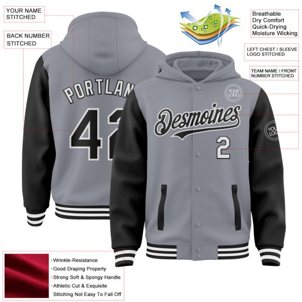 Custom Gray Black-White Bomber Full-Snap Varsity Letterman Two Tone Hoodie Jacket - Image 3