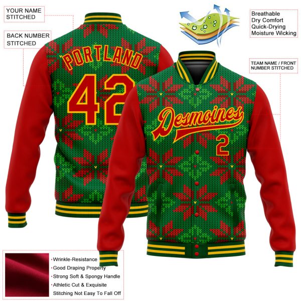 Custom Green Red-Gold Christmas 3D Bomber Full-Snap Varsity Letterman Jacket - Image 5