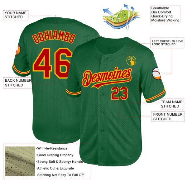 Custom Kelly Green Red-Gold Mesh Authentic Throwback Baseball Jersey - Image 3