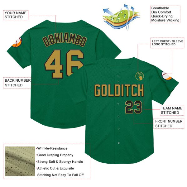 Custom Kelly Green Old Gold-Black Mesh Authentic Throwback Baseball Jersey - Image 3