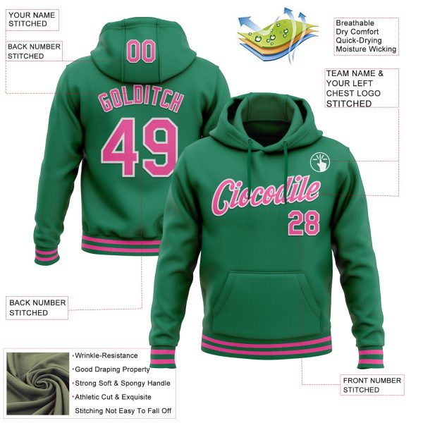 Custom Stitched Kelly Green Pink-White Sports Pullover Sweatshirt Hoodie - Image 3