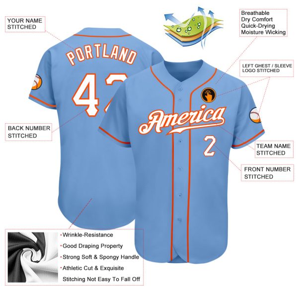 Custom Light Blue White-Orange Authentic Baseball Jersey - Image 3