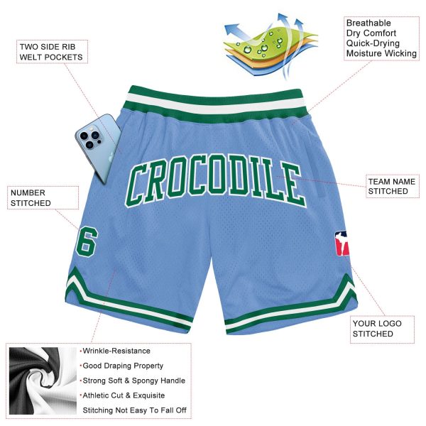 Custom Light Blue Kelly Green-White Authentic Throwback Basketball Shorts - Image 2