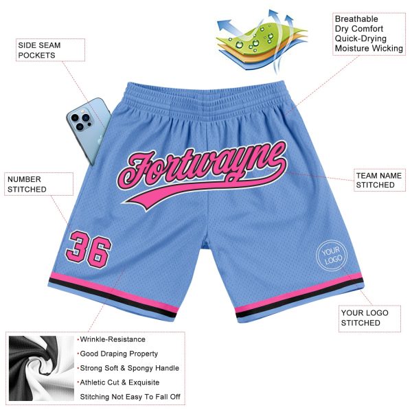 Custom Light Blue Pink-Black Authentic Throwback Basketball Shorts - Image 2