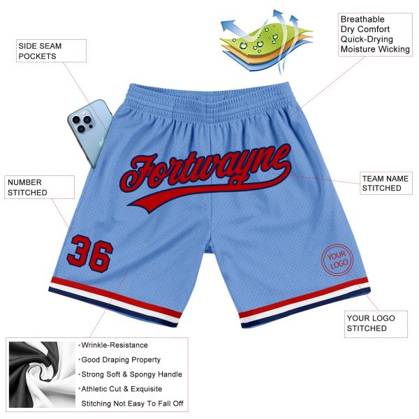 Custom Light Blue Red-Navy Authentic Throwback Basketball Shorts - Image 2