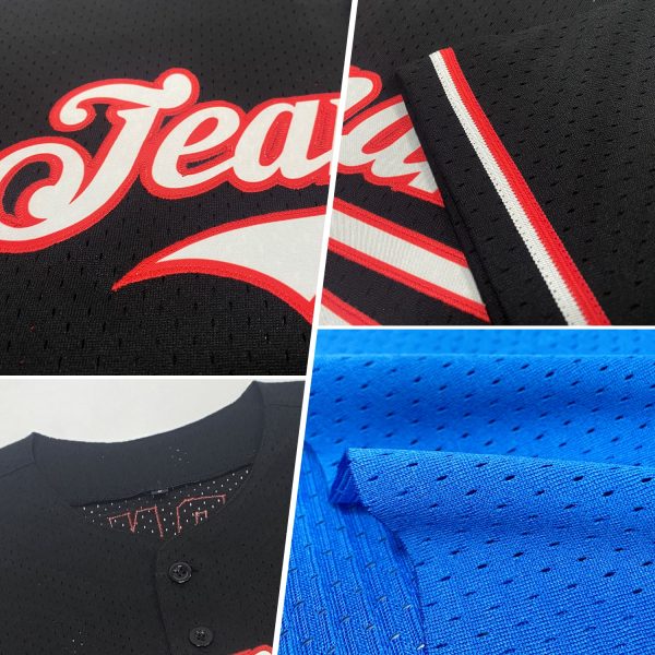 Custom Light Blue Red-Black Mesh Authentic Throwback Baseball Jersey - Image 2