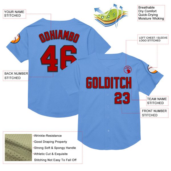 Custom Light Blue Red-Black Mesh Authentic Throwback Baseball Jersey - Image 3