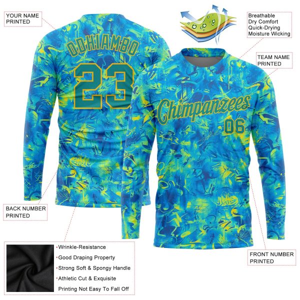 Custom Graffiti Pattern White-Light Blue Scratch 3D Long Sleeve Performance T-Shirt - Image 2