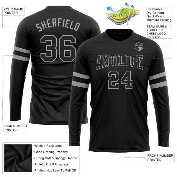 Custom Black Black-Gray Long Sleeve Performance T-Shirt - Image 3