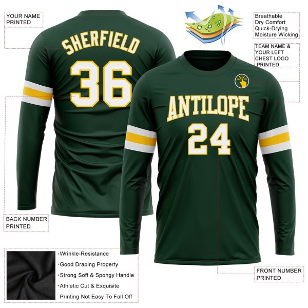 Custom Green White-Gold Long Sleeve Performance T-Shirt - Image 3