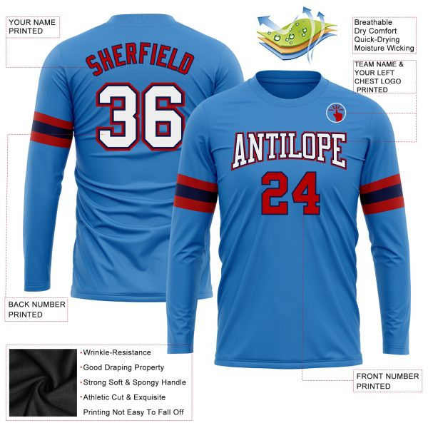 Custom Powder Blue White Red-Navy Long Sleeve Performance T-Shirt - Image 3