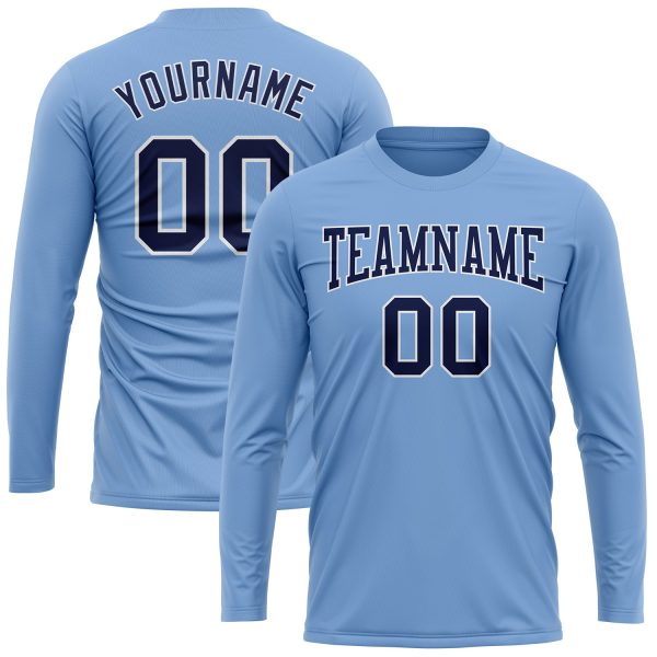 Custom Light Blue Navy-White Long Sleeve Performance T-Shirt - Image 2