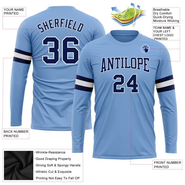 Custom Light Blue Navy-White Long Sleeve Performance T-Shirt - Image 3