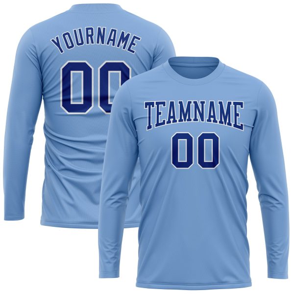 Custom Light Blue Royal-White Long Sleeve Performance T-Shirt - Image 2