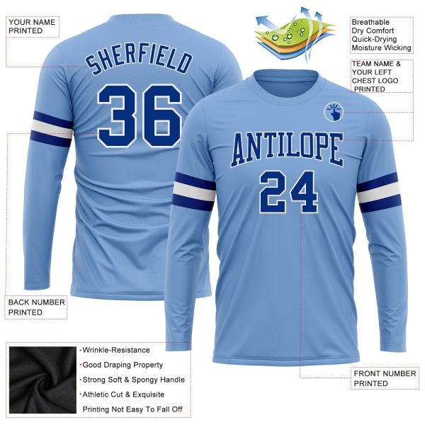 Custom Light Blue Royal-White Long Sleeve Performance T-Shirt - Image 3