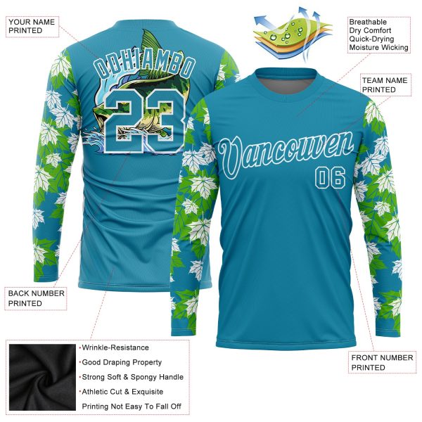 Custom Panther Blue White 3D Tropical Leaves And Bass Fish Fishing Long Sleeve Performance T-Shirt - Image 2