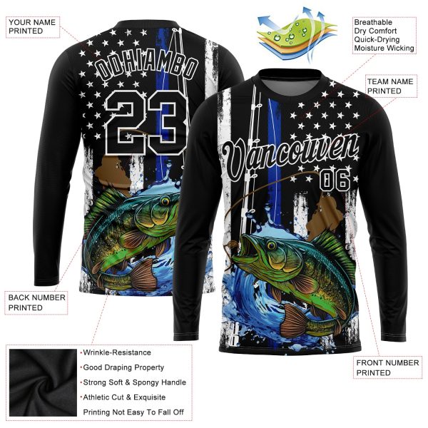 Custom Black White 3D American Flag And Fish Fishing Long Sleeve Performance T-Shirt - Image 2