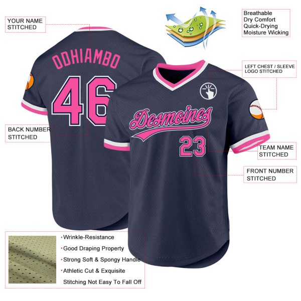 Custom Navy Pink-White Authentic Throwback Baseball Jersey - Image 3