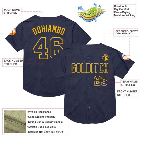 Custom Navy Gold Mesh Authentic Throwback Baseball Jersey - Image 3