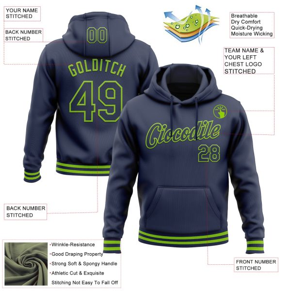 Custom Stitched Navy Neon Green Sports Pullover Sweatshirt Hoodie - Image 3