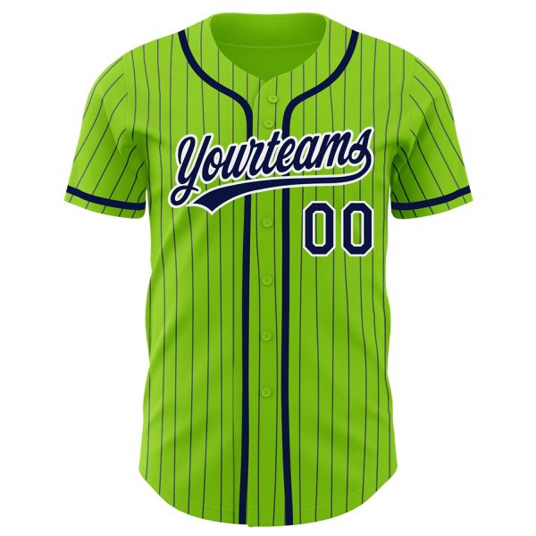 Custom Neon Green Navy Pinstripe White Authentic Baseball Jersey - Image 2