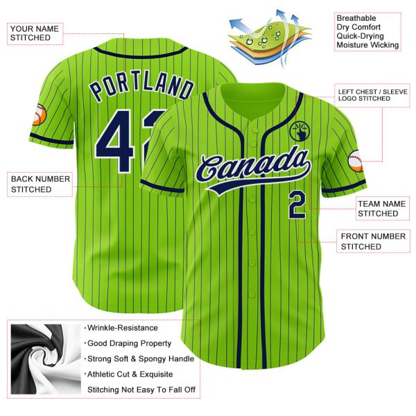 Custom Neon Green Navy Pinstripe White Authentic Baseball Jersey - Image 3