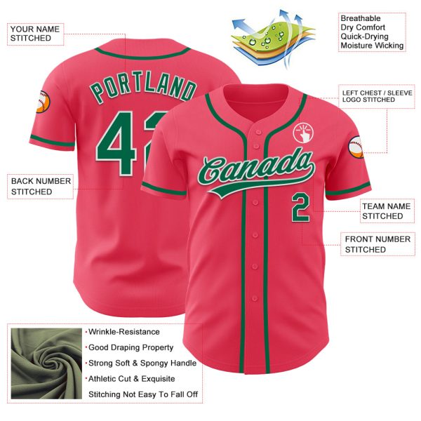 Custom Neon Pink Kelly Green-White Authentic Baseball Jersey - Image 3