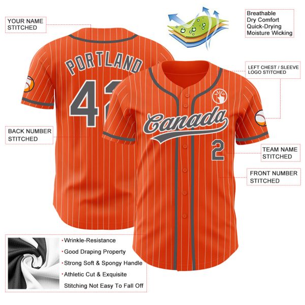 Custom Orange White Pinstripe Steel Gray Authentic Baseball Jersey - Image 3