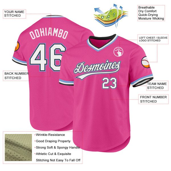 Custom Pink Black-Light Blue Authentic Throwback Baseball Jersey - Image 3