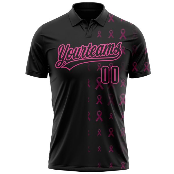 Custom Black Pink 3D Pink Ribbon Breast Cancer Awareness Month Women Health Care Support Performance Polo Shirt - Image 2